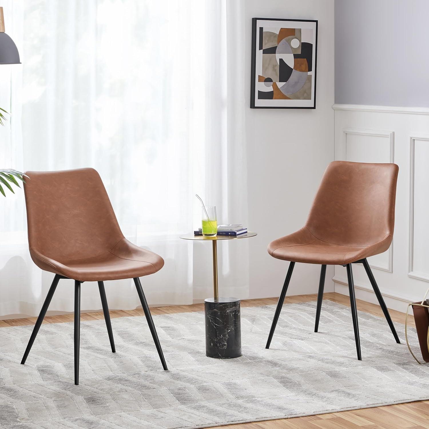 Dining Chairs Set of 2 Upholstered Modern Dining Room Chairs Mid Century Faux Leather Kitchen Chairs with Metal Legs for Dining Room Kitchen, Brown ShipItFurniture