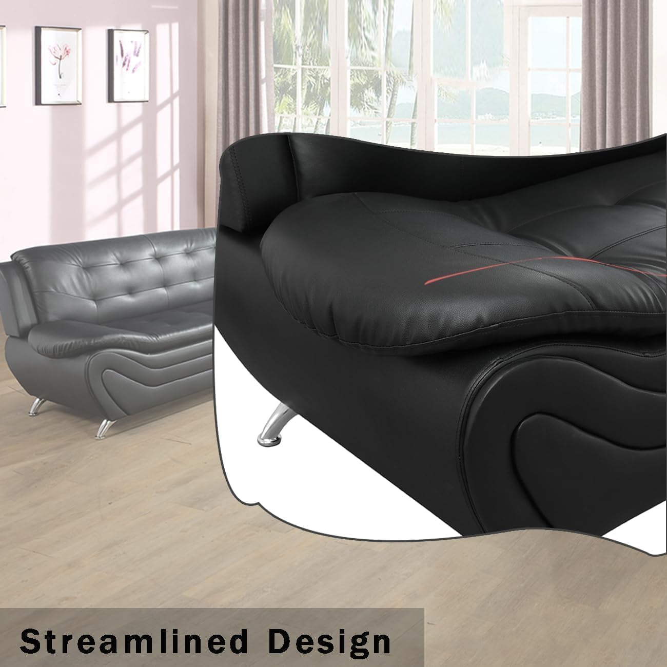 Contemporary Living Room Furniture Set, Faux Leather Sofa Set for Living Room/House/Bedroom/Office/Apartment (Black-A, Loveseat), F45&F46 ShipItFurniture