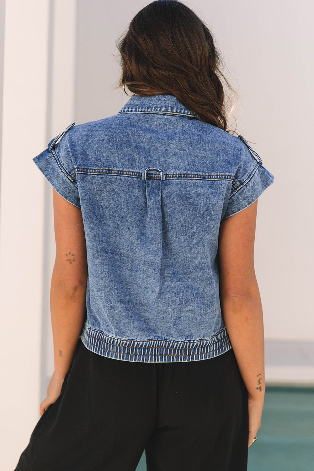 Nora Blue Acid Wash Elastic Hem Button Up Denim Vest Threaded Pear