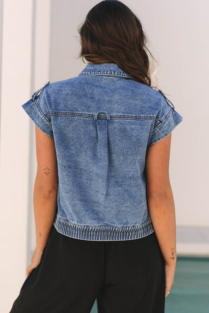 Nora Blue Acid Wash Elastic Hem Button Up Denim Vest