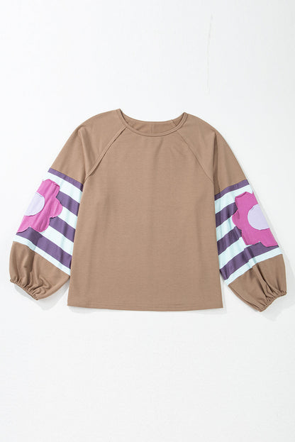 Light French Beige Flower Striped Patchwork Puff Sleeve Loose PLUS Sweatshirt