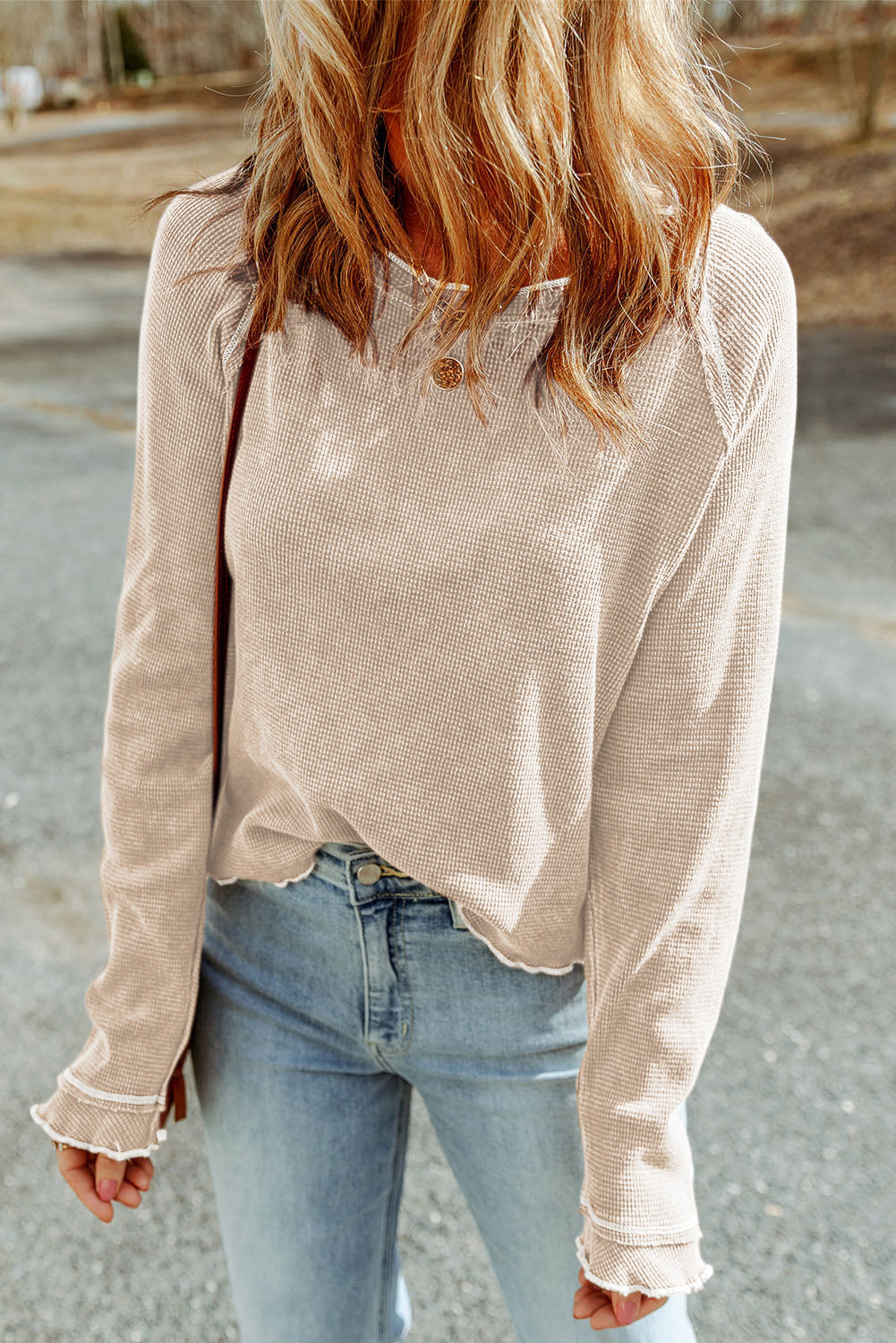 Daisy Textured Round Neck Long Sleeve Top Threaded Pear