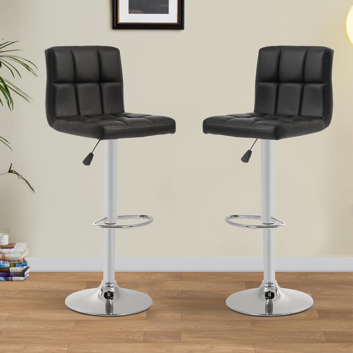 Bar Stools Set of 2, Adjustable Swivel Bar Stools, Counter Height Bar Stools with Back PU Leather Armless Hydraulic Kitchen Counter Bar Stool (Black) ShipItFurniture