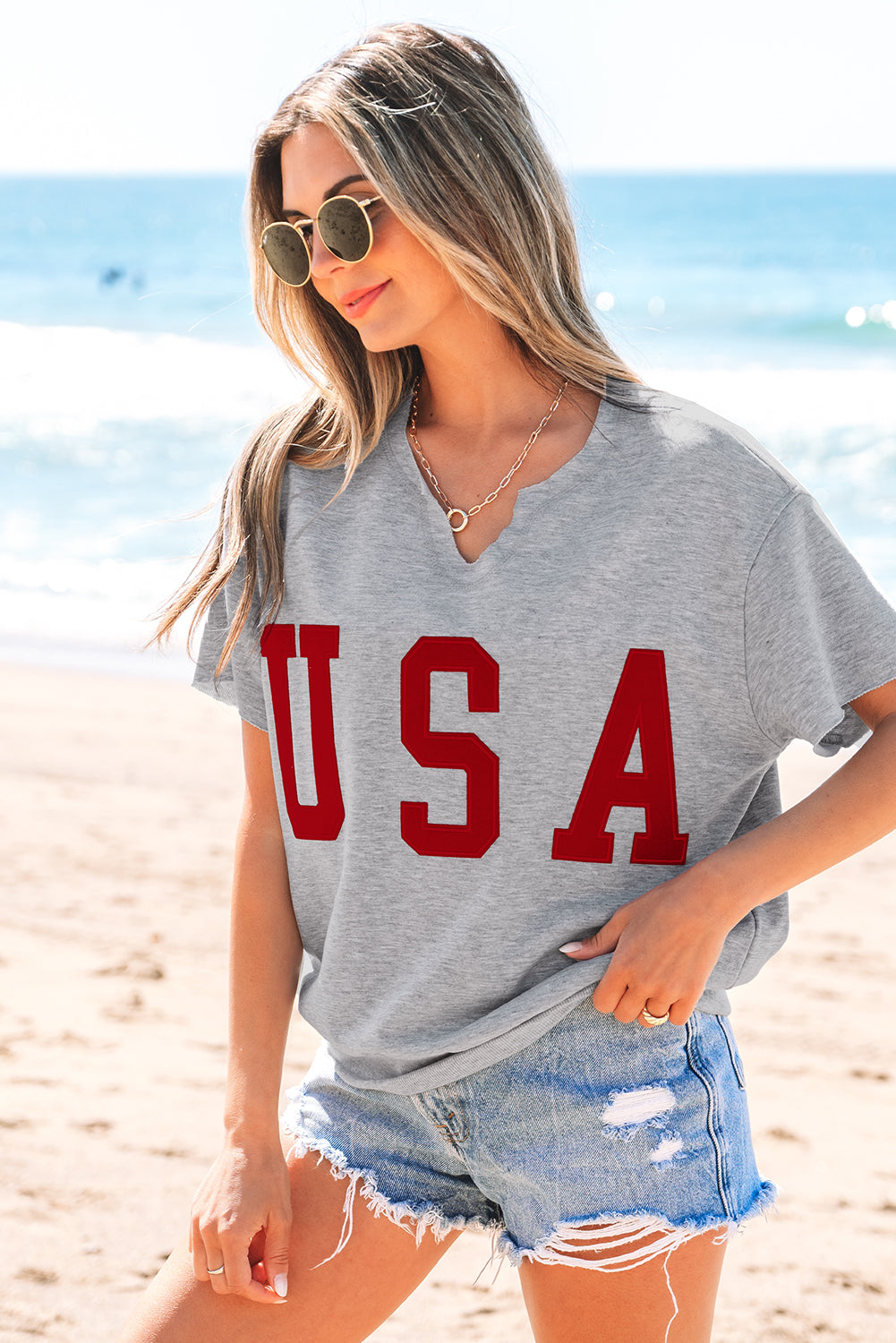USA Patch Notched Neck Loose Tee