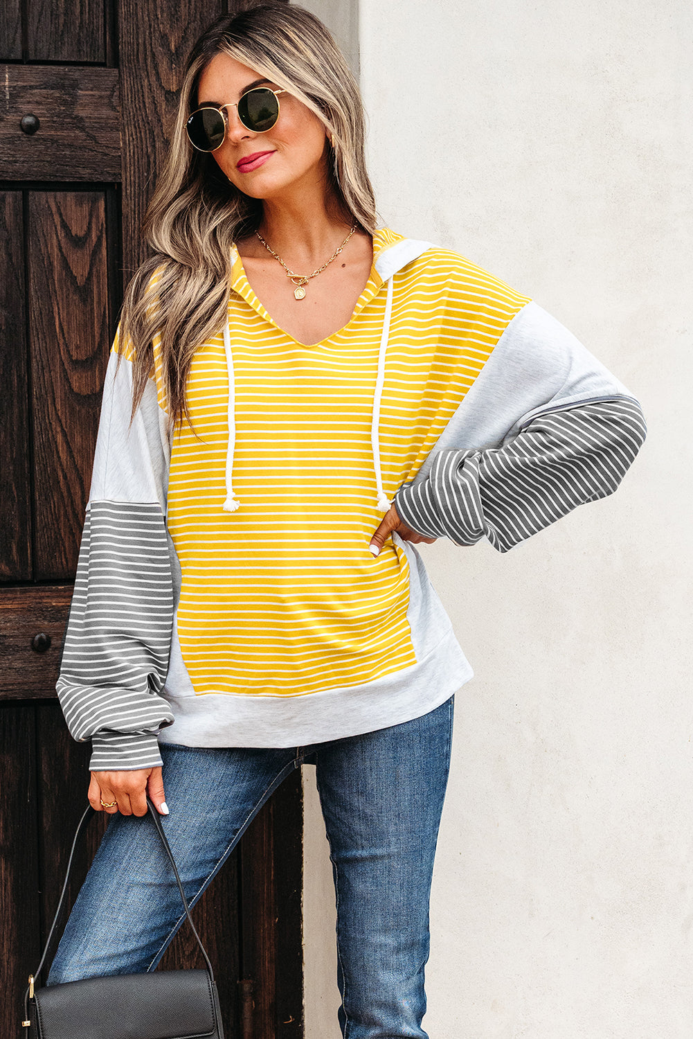 Margot Stripe Drawstring Loose Fit Hooded Top Threaded Pear