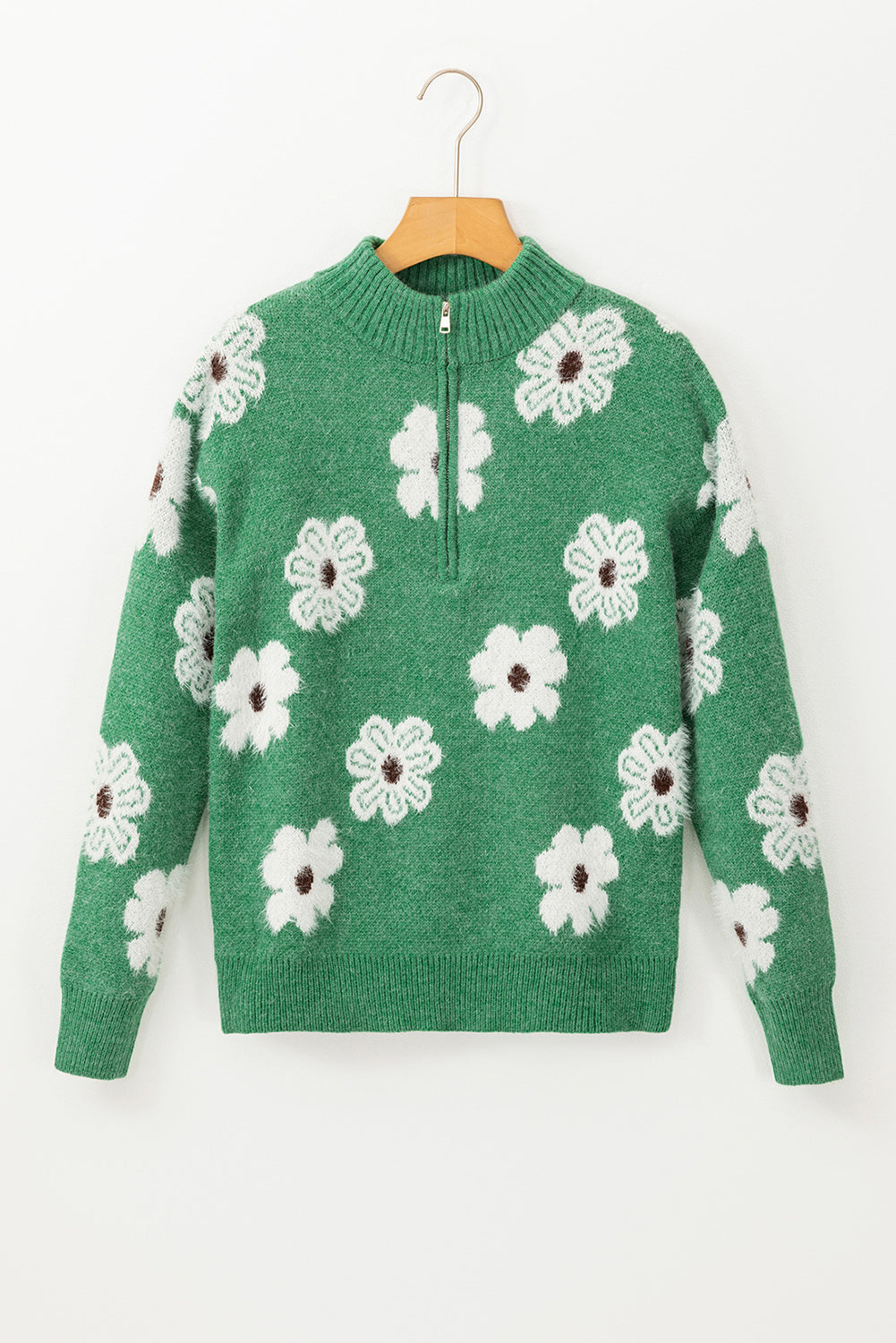Maria Floral Half Zip Drop Shoulder Sweater Threaded Pear