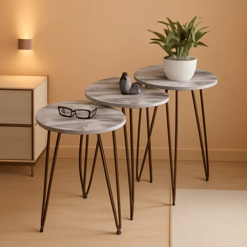 Grey Marble Nesting Tables Set Of 3 Modern Round End Tables-0