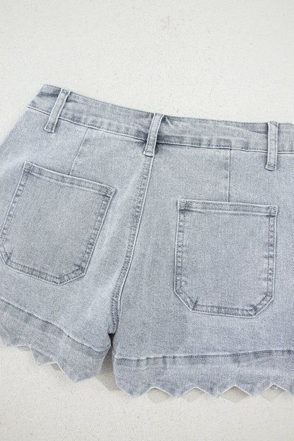 Scalloped Acid Wash High Waist Denim Shorts