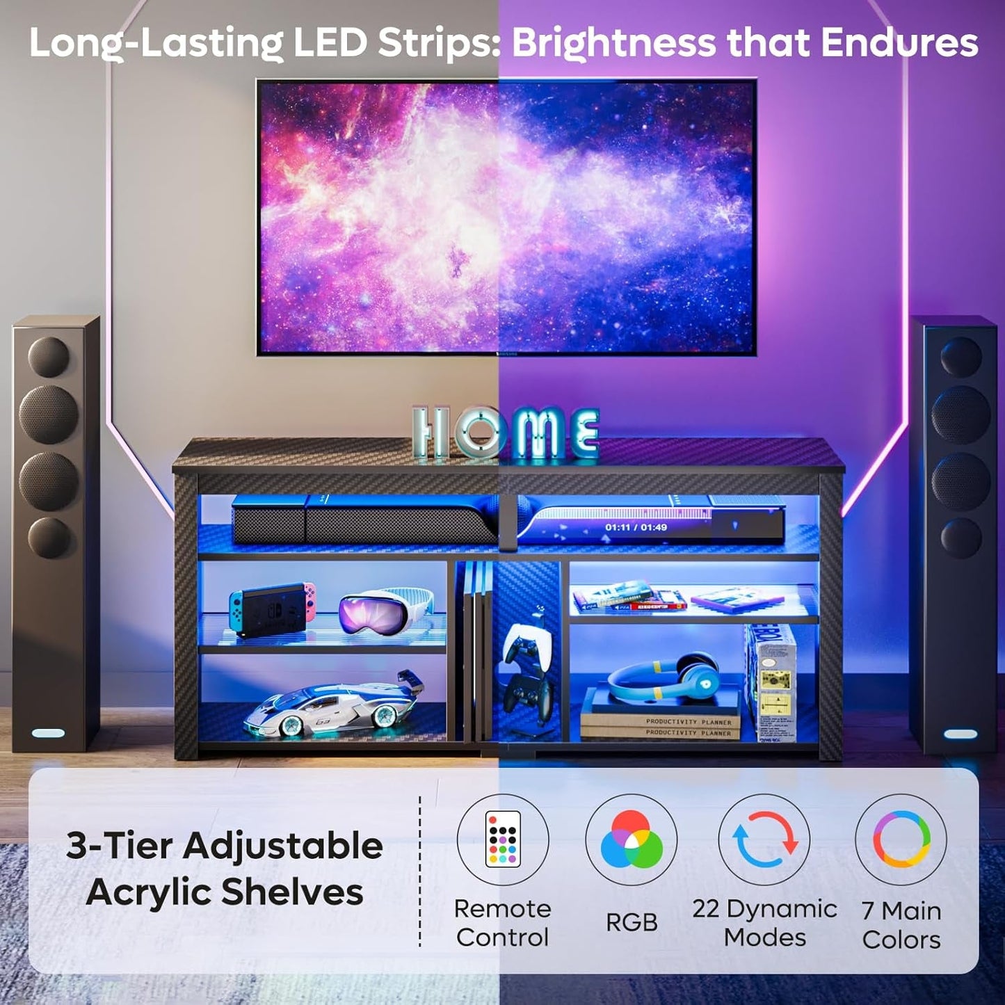 LED Tall TV Stand For 55-65 TV With Adjustable Shelves