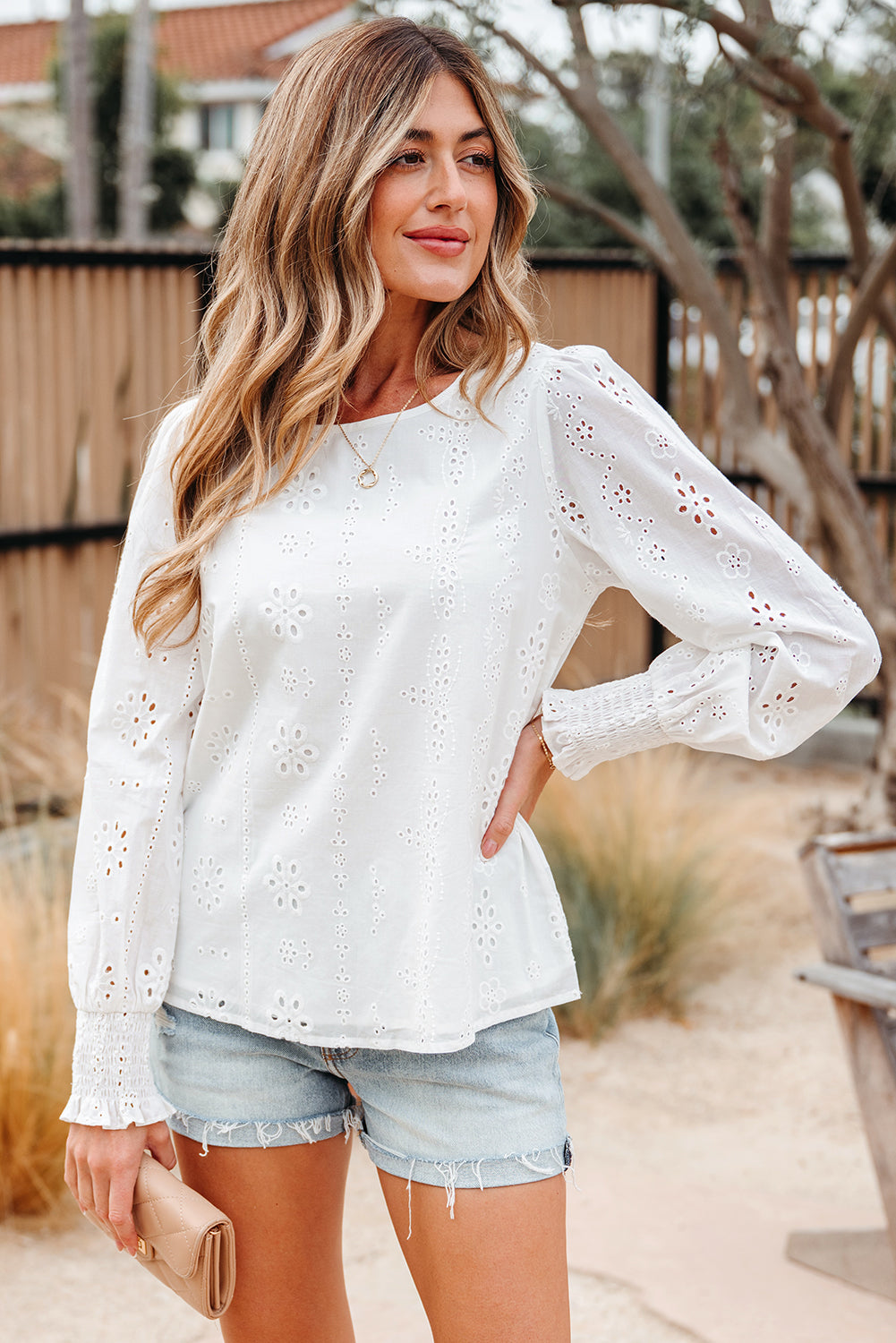 Allison Eyelet Embroidered Smocked Cuff Sheer Blouse Threaded Pear