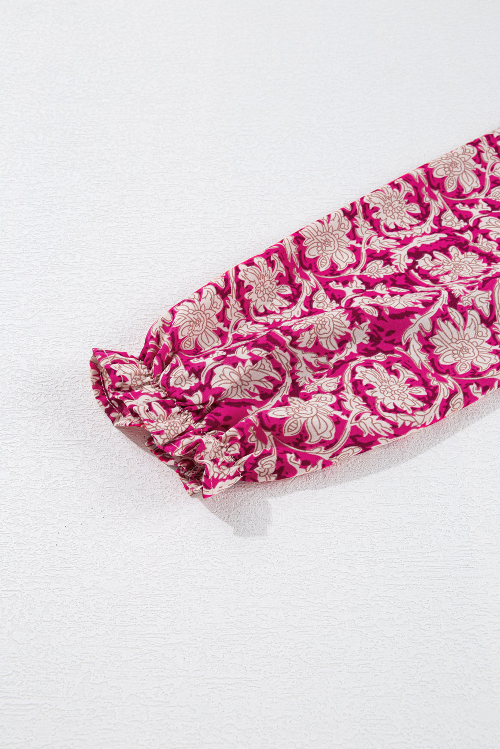 Pink Floral Print Split Neck Pleated Puff Sleeve Blouse