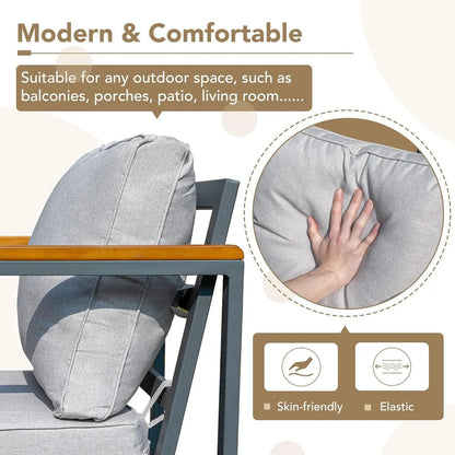 4 Pieces Patio Furniture Sets Outdoor Conversation Set Acacia Wood Sofa Set with Coffee Table Thicker Sponge Cushion-3