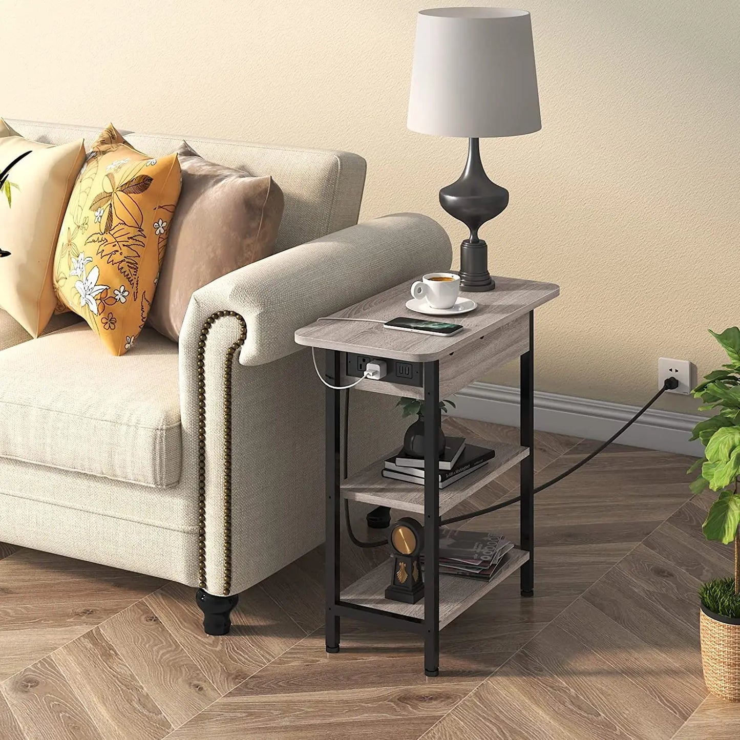 End Table With Vertical Charging Station And USB Outlets Greige-1