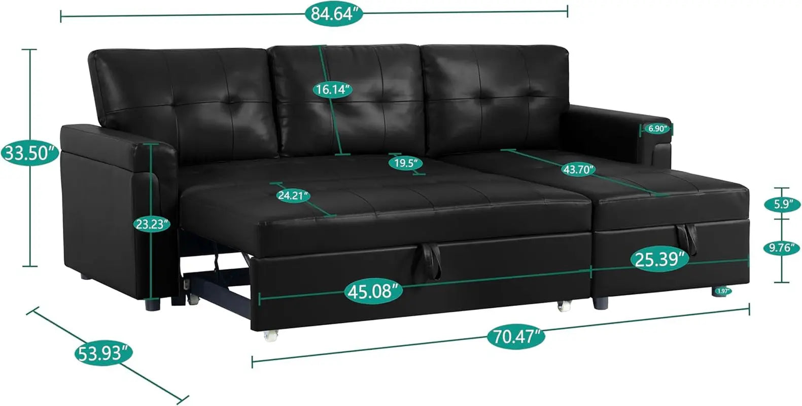 Jenny Sectional Sleeper Sofa With Storage Chaise In Black Air Leather ShipItFurniture