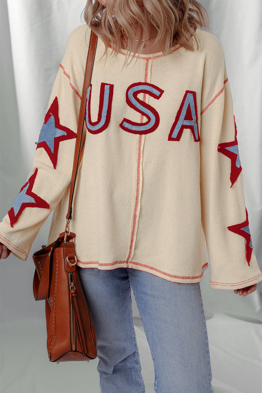 USA Patchwork Exposed Seam Long Sleeve Top Threaded Pear