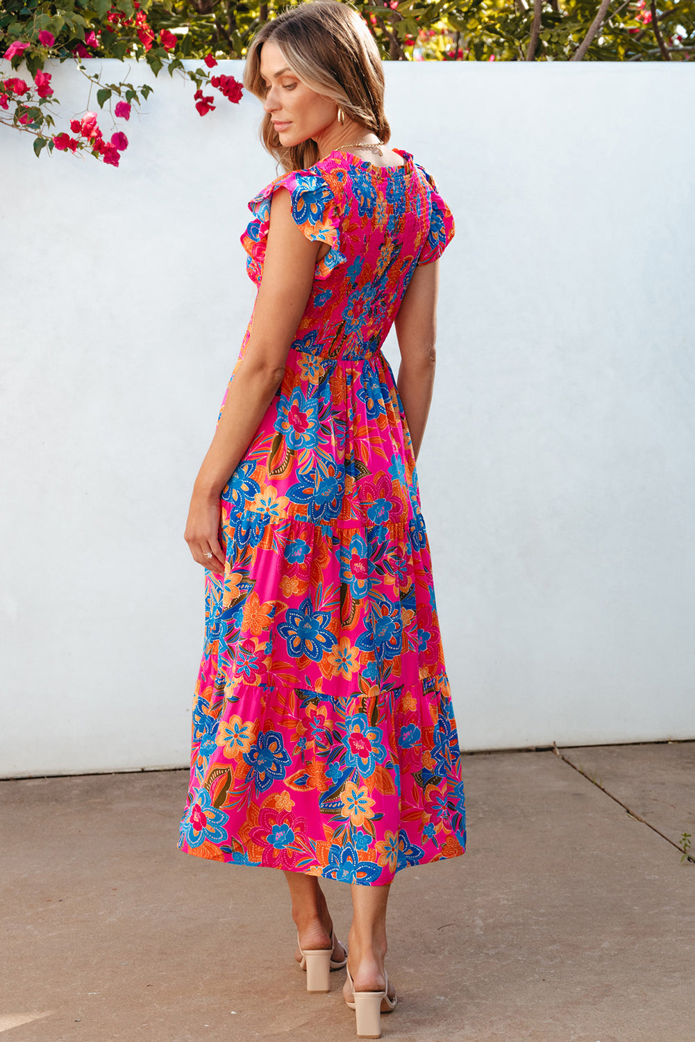 Kamari Boho Floral V Neck Ruffle Tiered Long Dress