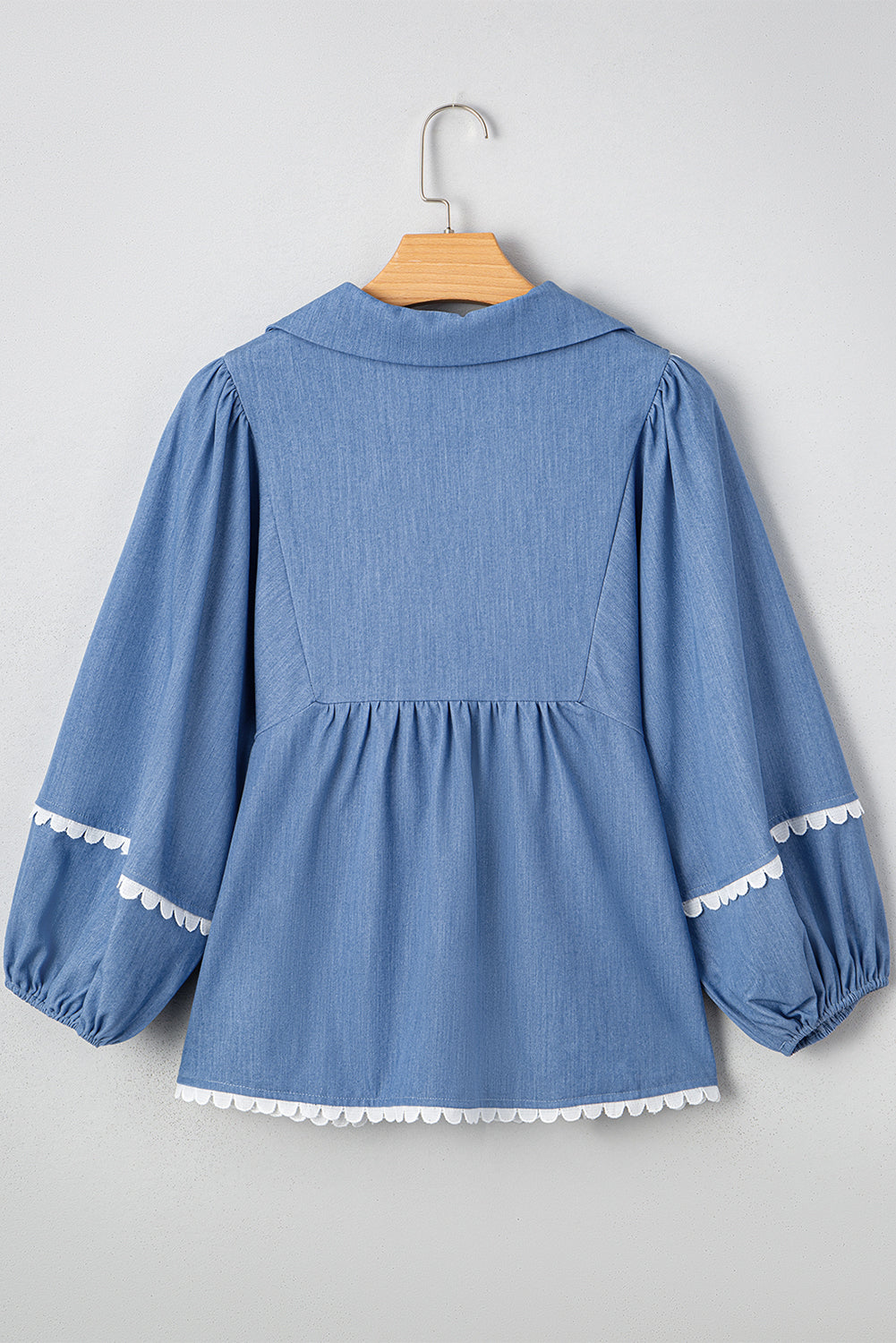 Nevaeh Lace Ric Rac 3/4 Puff Sleeve Collared Babydoll Blouse Threaded Pear