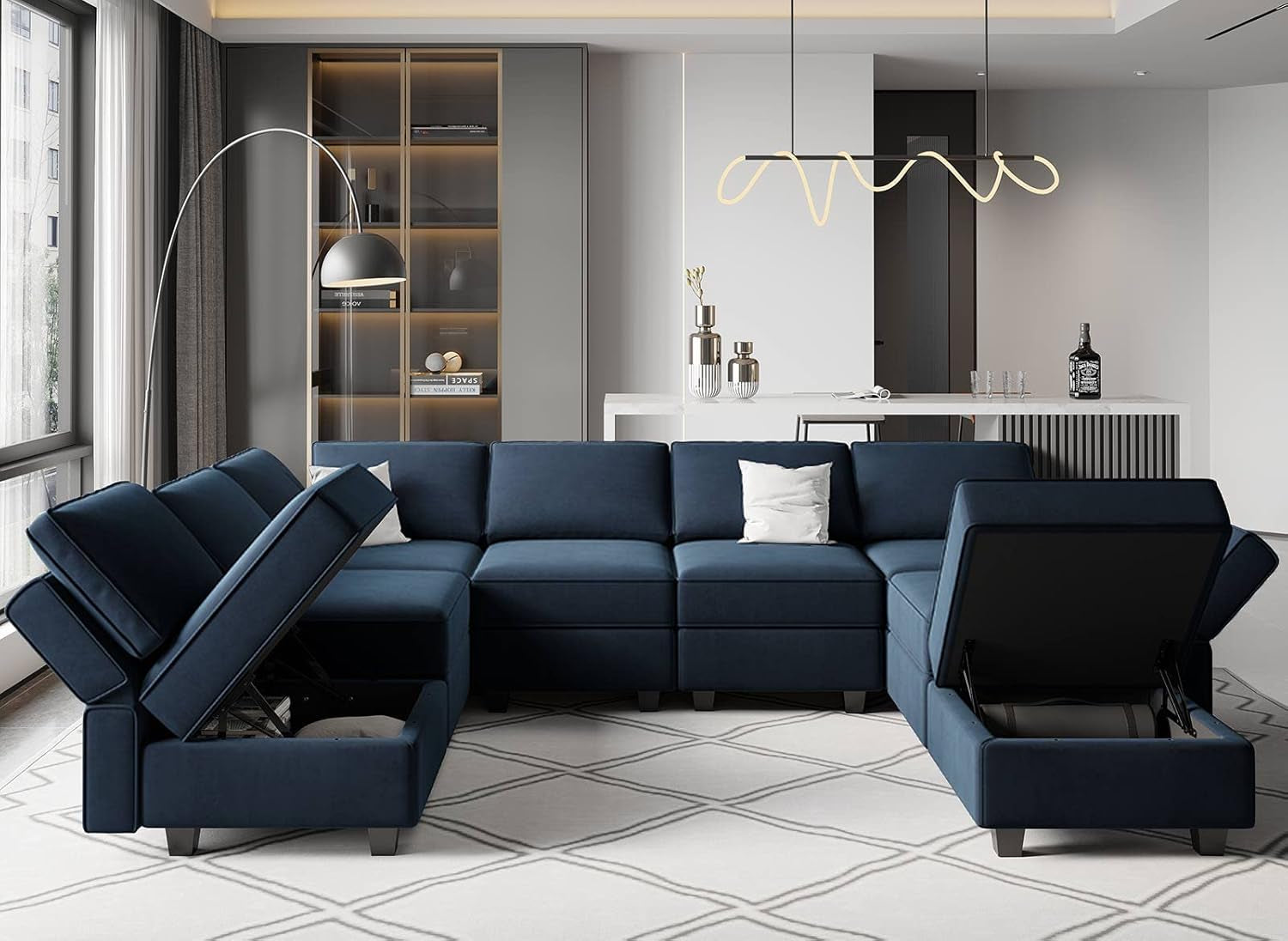Modular Velvet Sectional Sofa Blue With Storage Ottoman ShipItFurniture