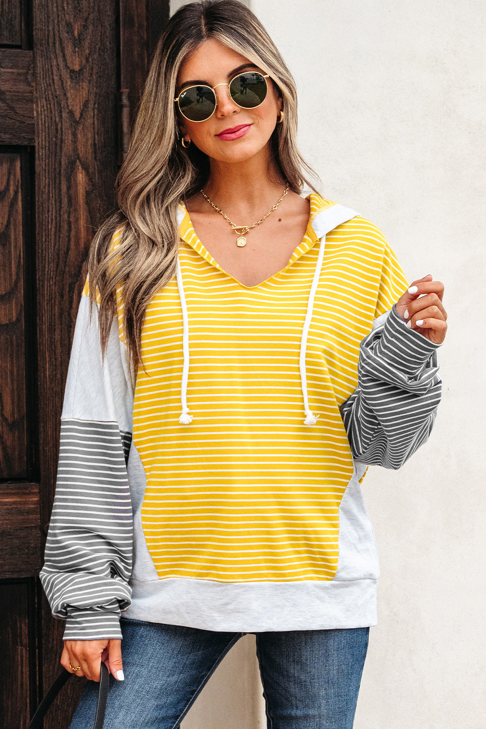 Margot Stripe Drawstring Loose Fit Hooded Top Threaded Pear