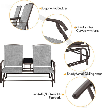 Two-Seat Outdoor Glider Bench with Center Table ShipItFurniture