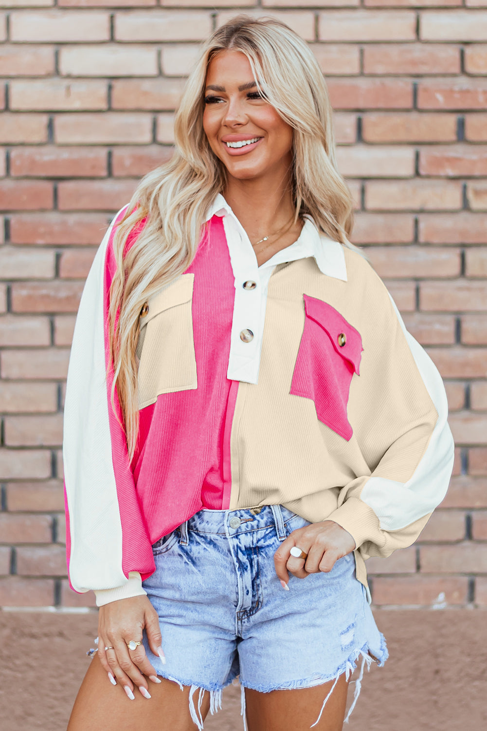 Kehlani Ribbed Collared Oversized Sweatshirt Threaded Pear