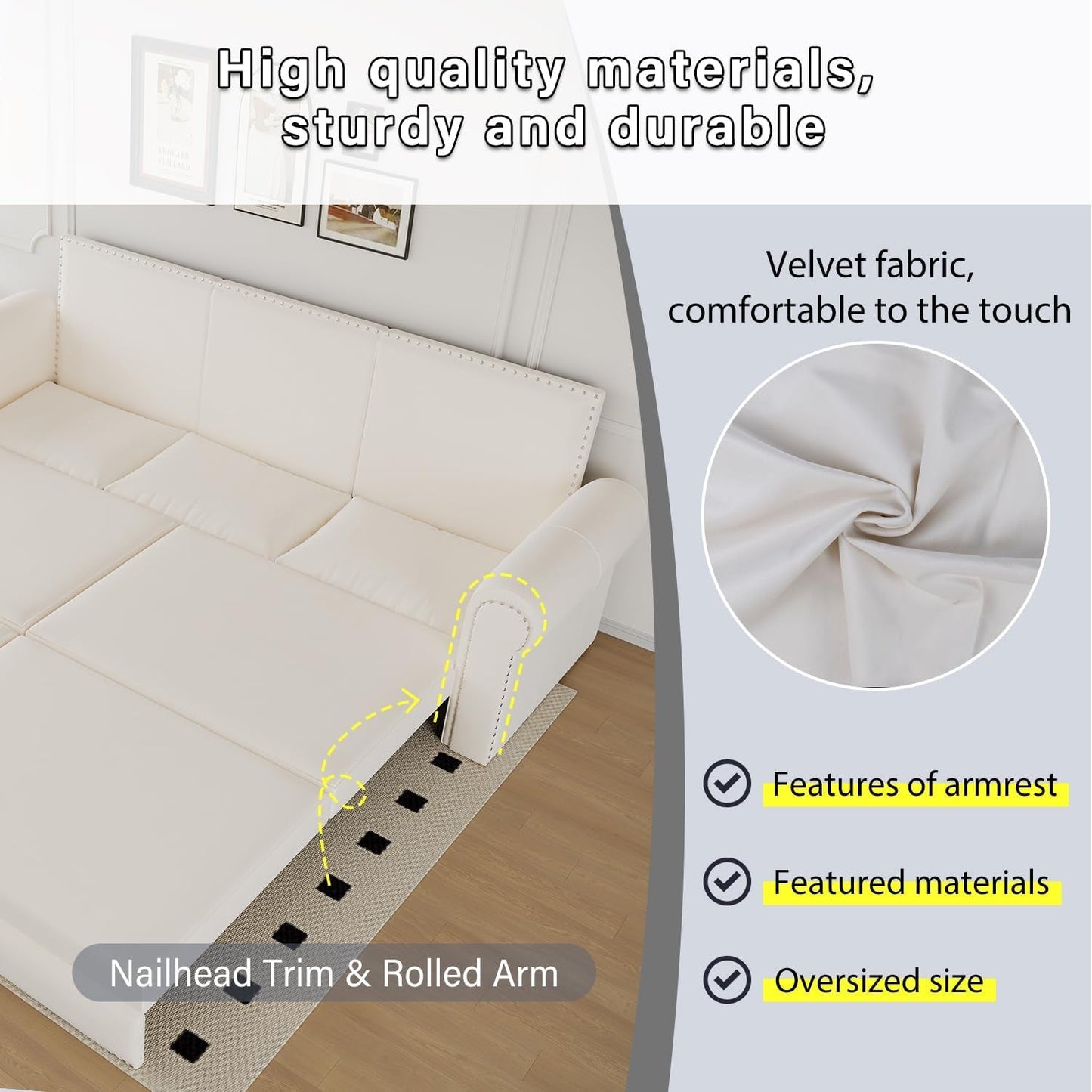 King Size Multifunctional Sleeper Sofa Beige Velvet ShipItFurniture