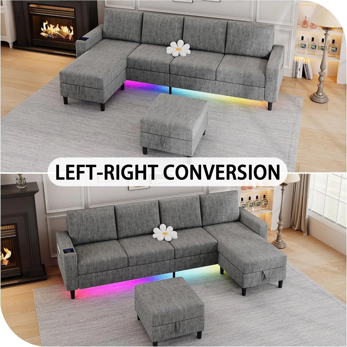 Light Grey 4 Seat Reversible Chaise Sectional Sofa ShipItFurniture