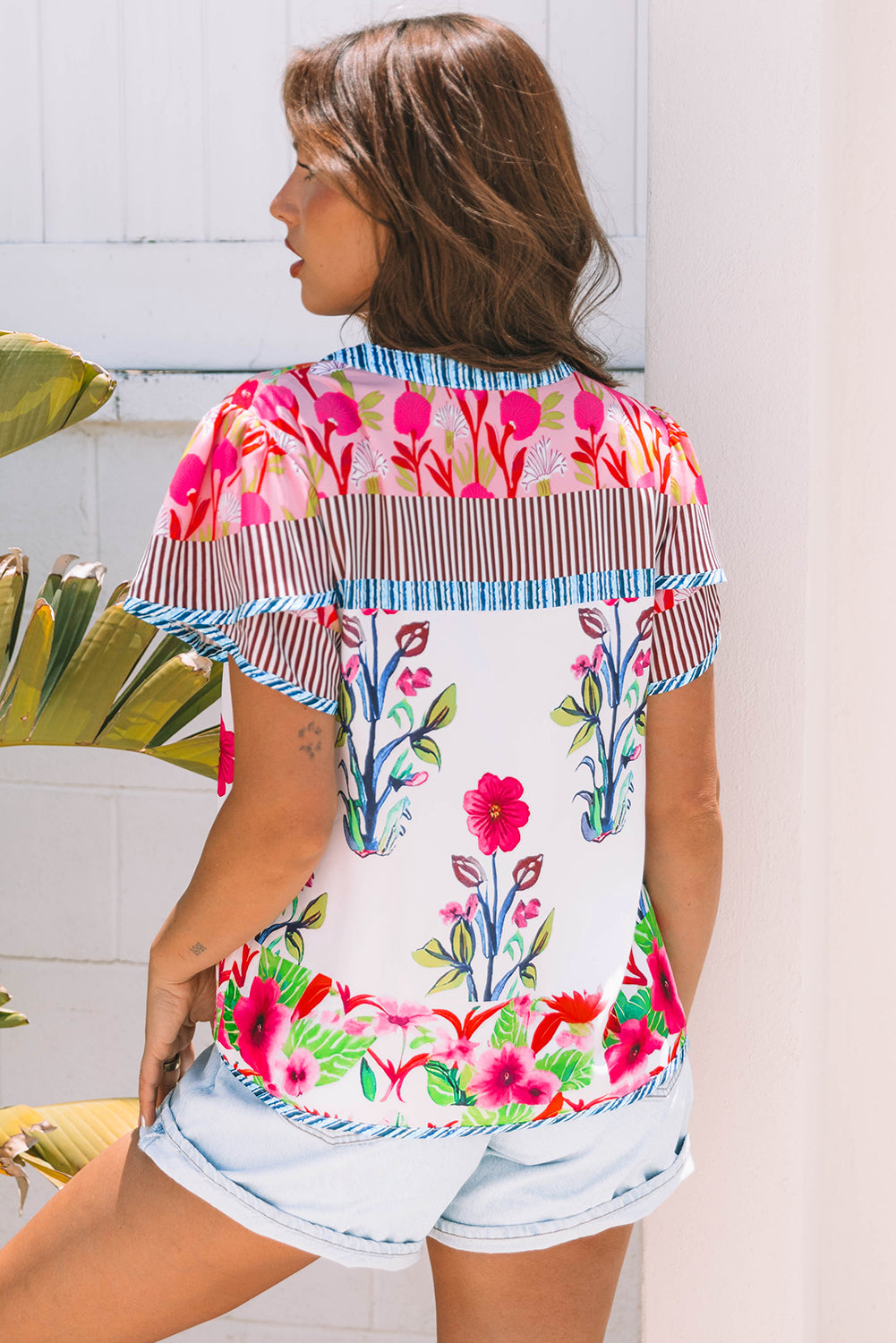 Maya Floral Striped Split Neck Blouse