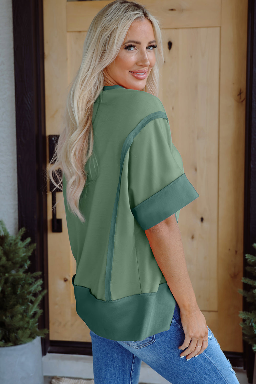 Mikaela Half Sleeve Raw Seam Split Top