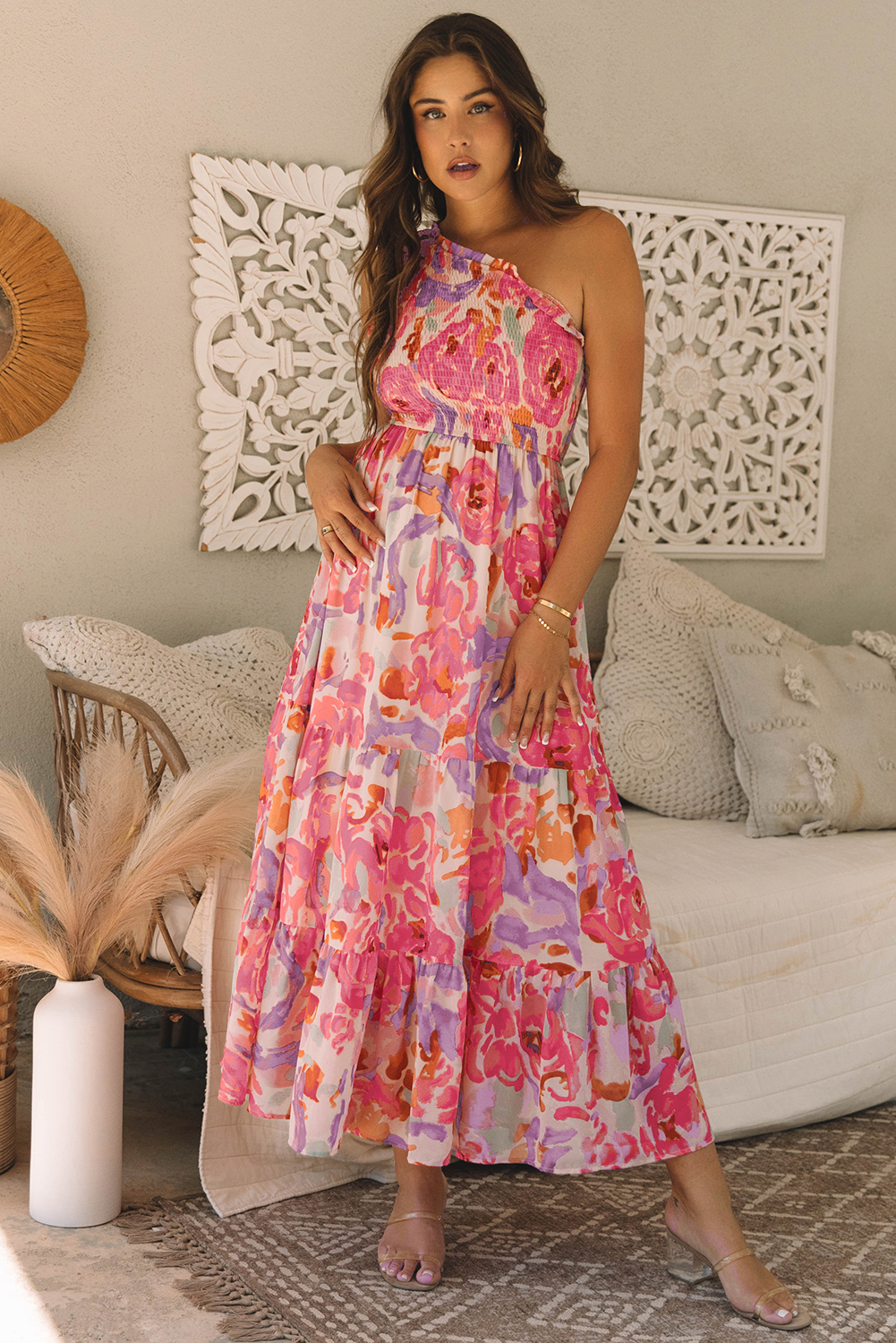 Malaysia Floral Print Shirred One Shoulder Maxi Dress