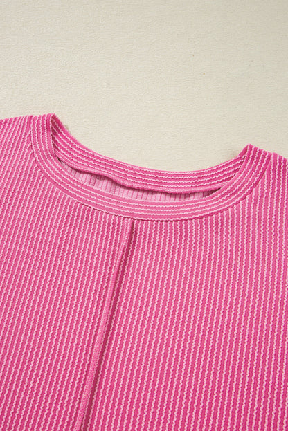 Bonbon Spiral Ribbed Exposed Seam Detail Plus Size Long Sleeve Top