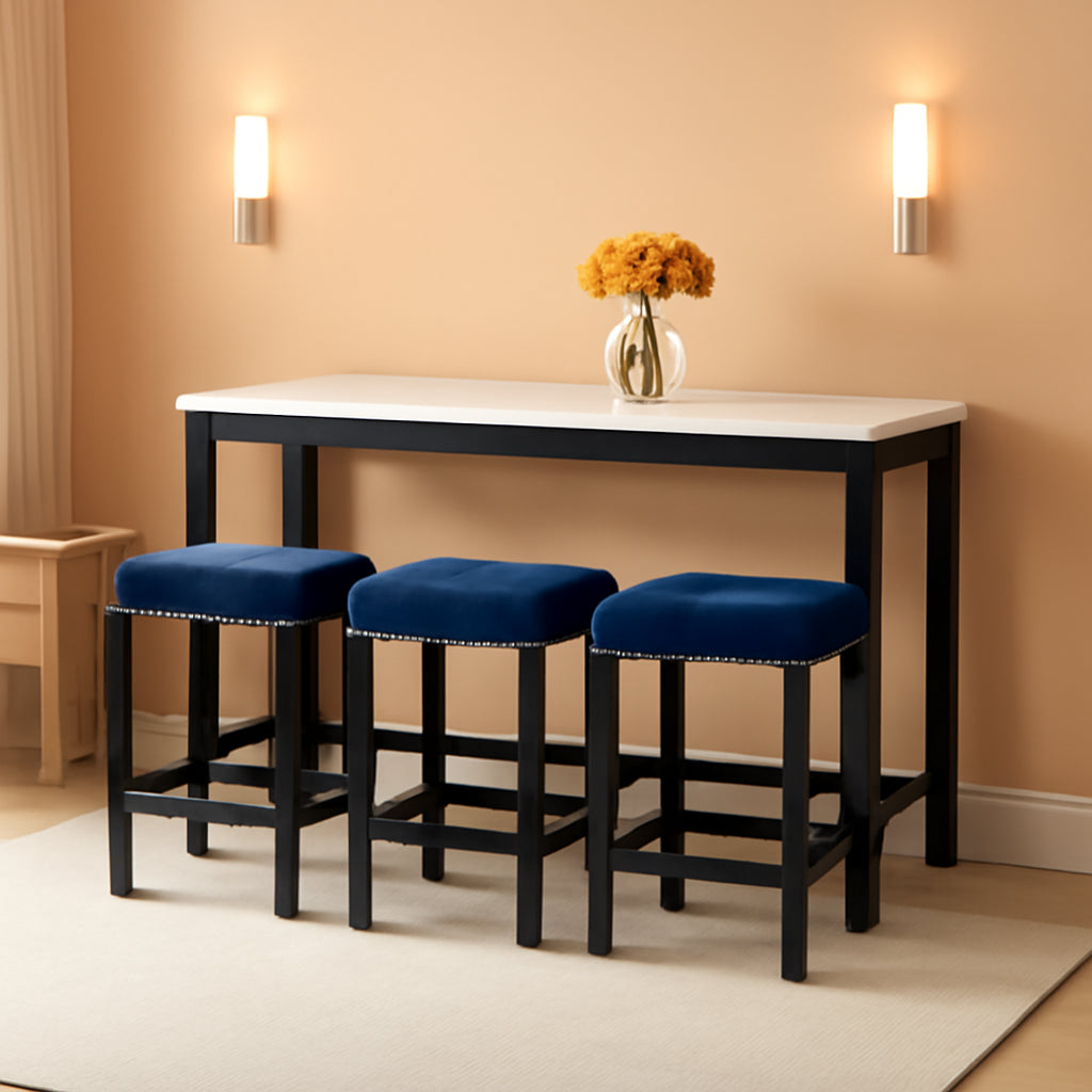 Blue Velvet Bar Table Set With Faux Marble Top 4 Piece ShipItFurniture