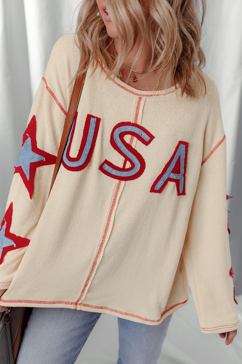USA Patchwork Exposed Seam Long Sleeve Top Threaded Pear