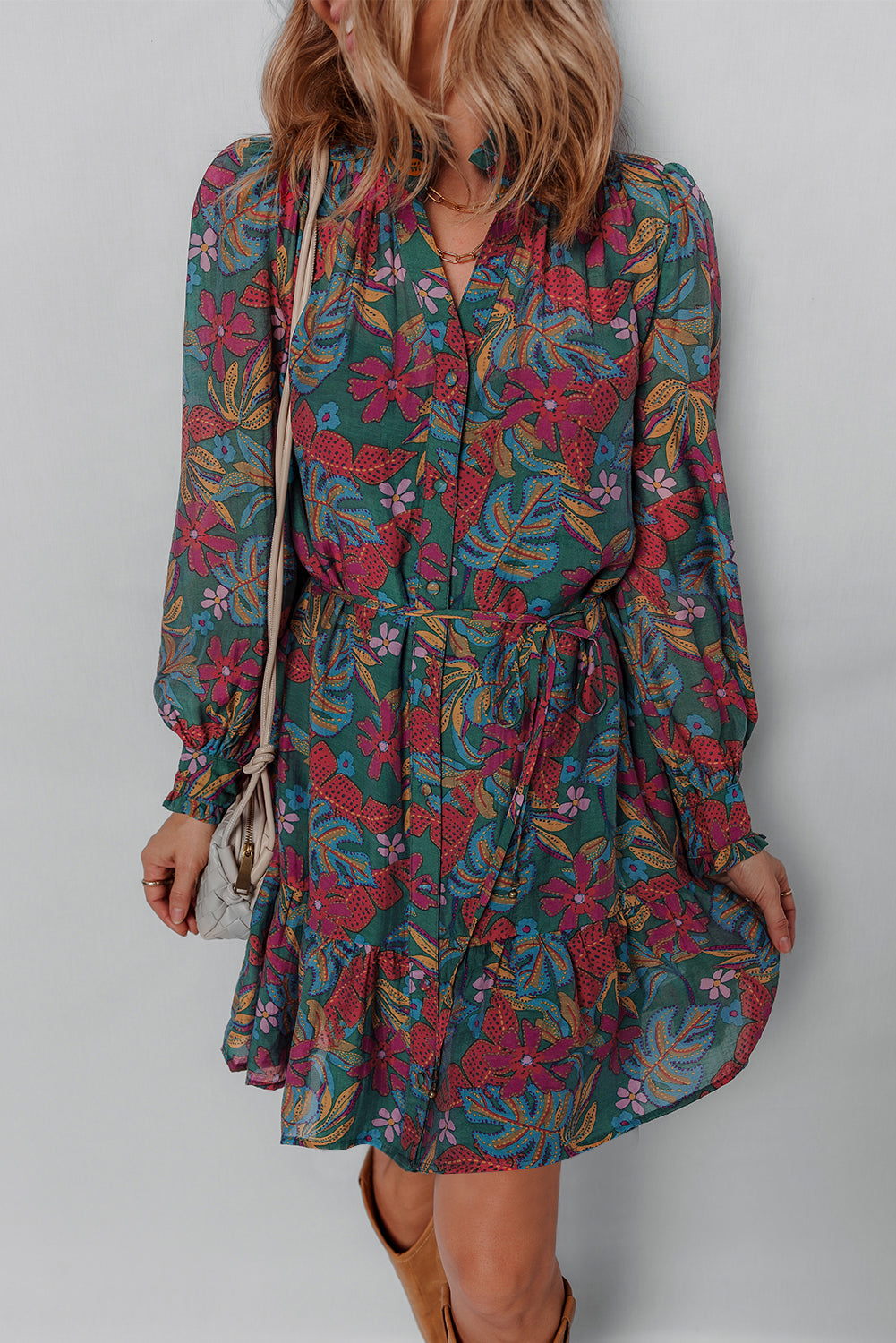 Maria Floral V Neck Puff Sleeve Dress Threaded Pear