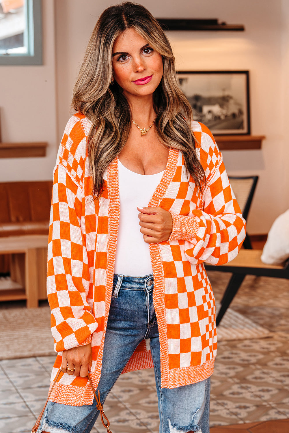 Wrenley Checkered Open Front Drop Shoulder Cardigan Threaded Pear