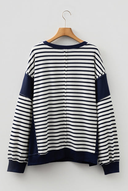 Blue Stripe Contrast Stitched Detail Color Block Patchwork Plus Size Sweatshirt