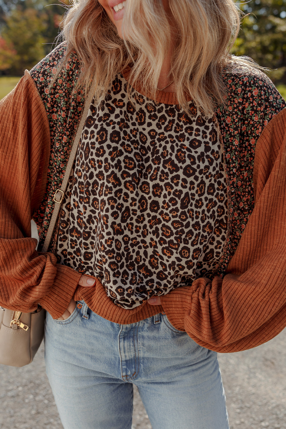 Natalie Leopard & Floral Patchwork Loose Top Threaded Pear