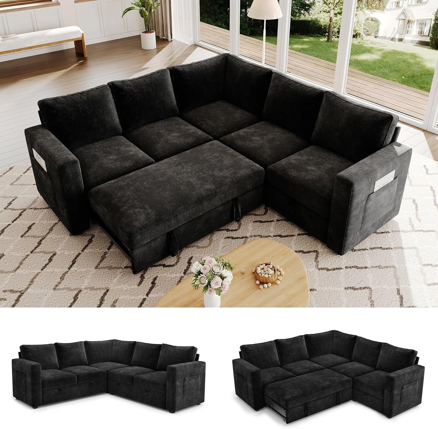 Black 83Inch Deluxe Sleeper Sectional Sofa With Storage ShipItFurniture