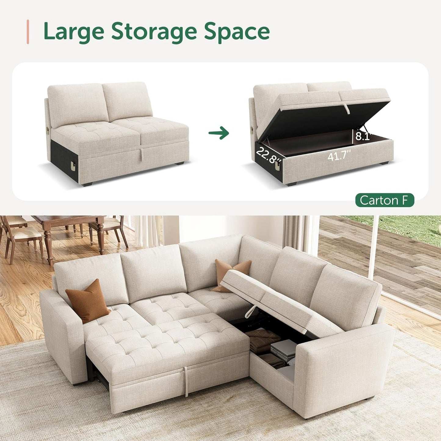 Beige Modular Sleeper Sectional Sofa With StorageBin ShipItFurniture