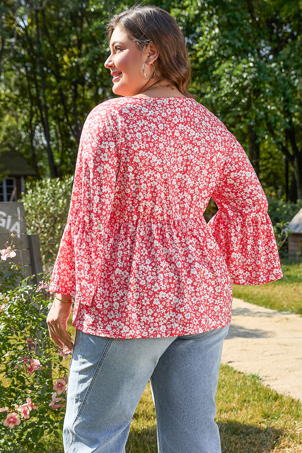 Lena Plus Size Floral V Neck Blouse Threaded Pear