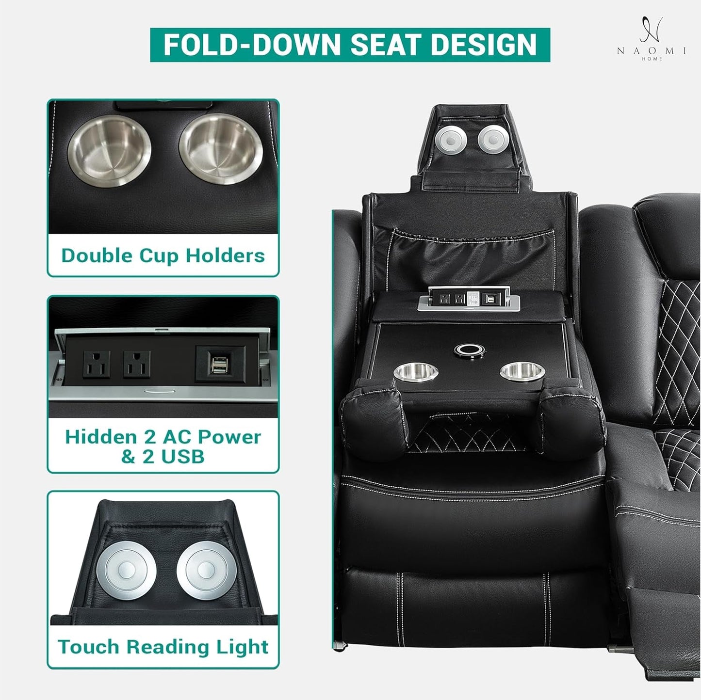 Black Ultraleather Power Reclining Sectional Sofa With USB Ports ShipItFurniture