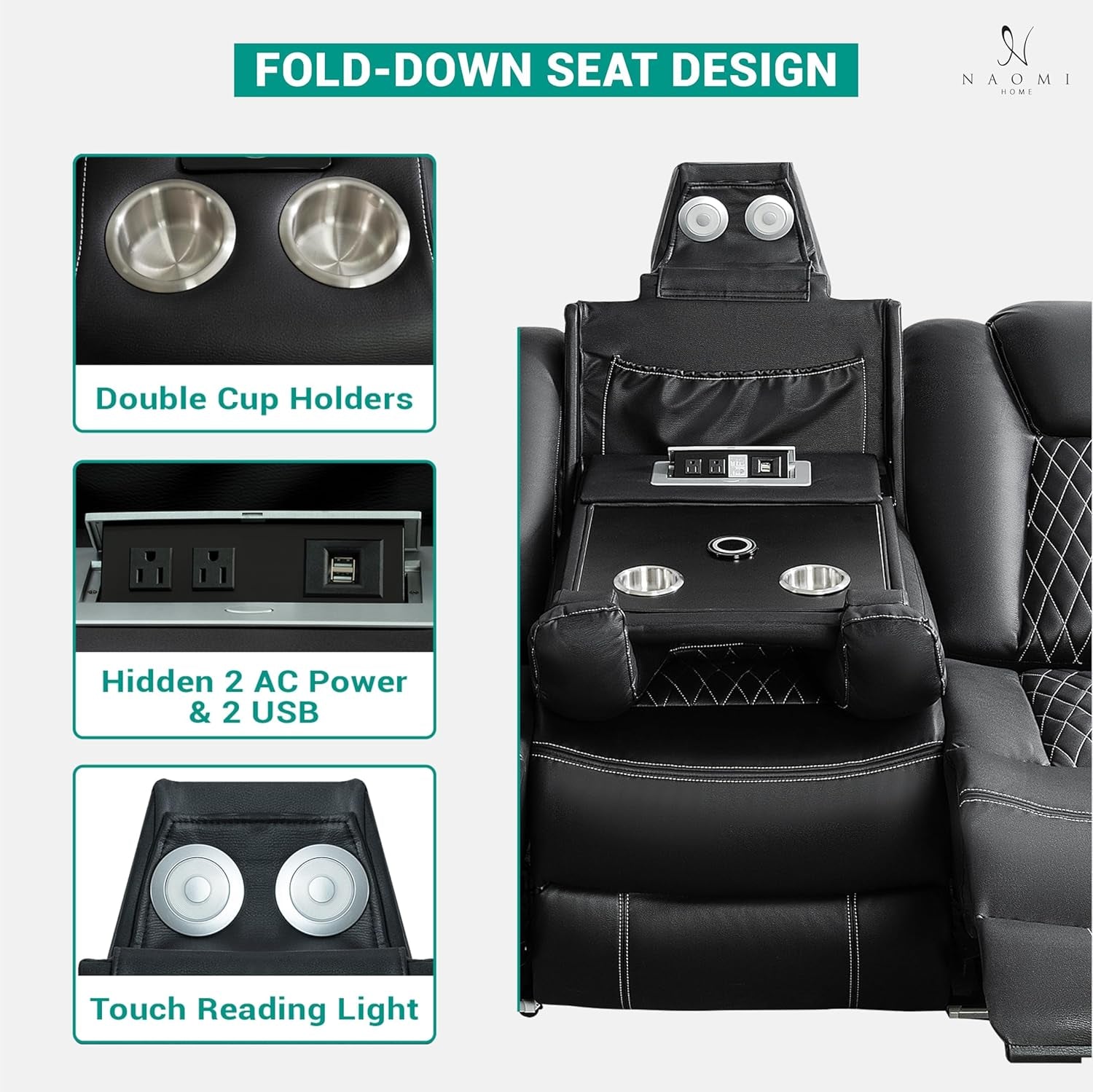 Black Ultraleather Power Reclining Sectional Sofa With USB Ports ShipItFurniture