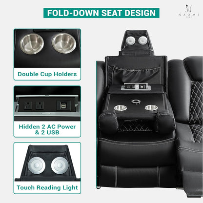 Black Ultraleather Power Reclining Sectional Sofa With USB Ports ShipItFurniture