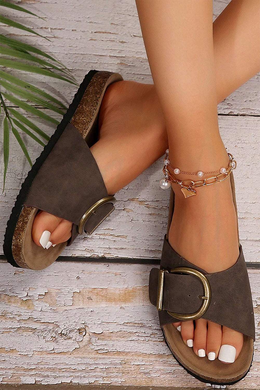 Tilly Buckle Thick Sole Slippers Threaded Pear