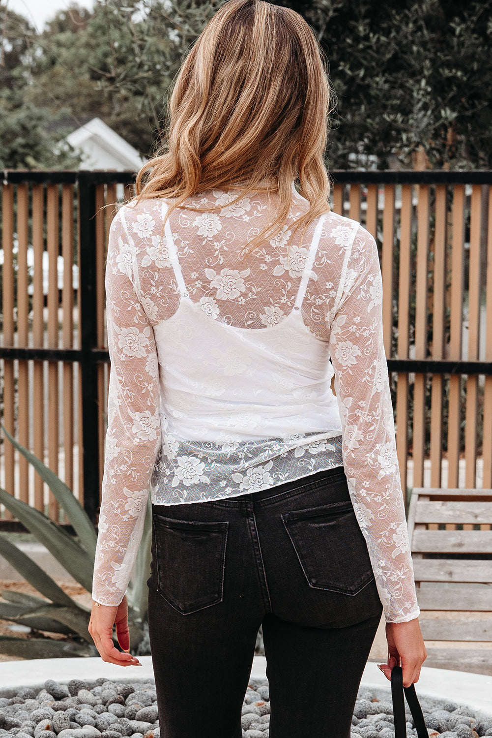 Myla Sheer Floral Lace Mesh Mock Neck Long Sleeve Top Threaded Pear