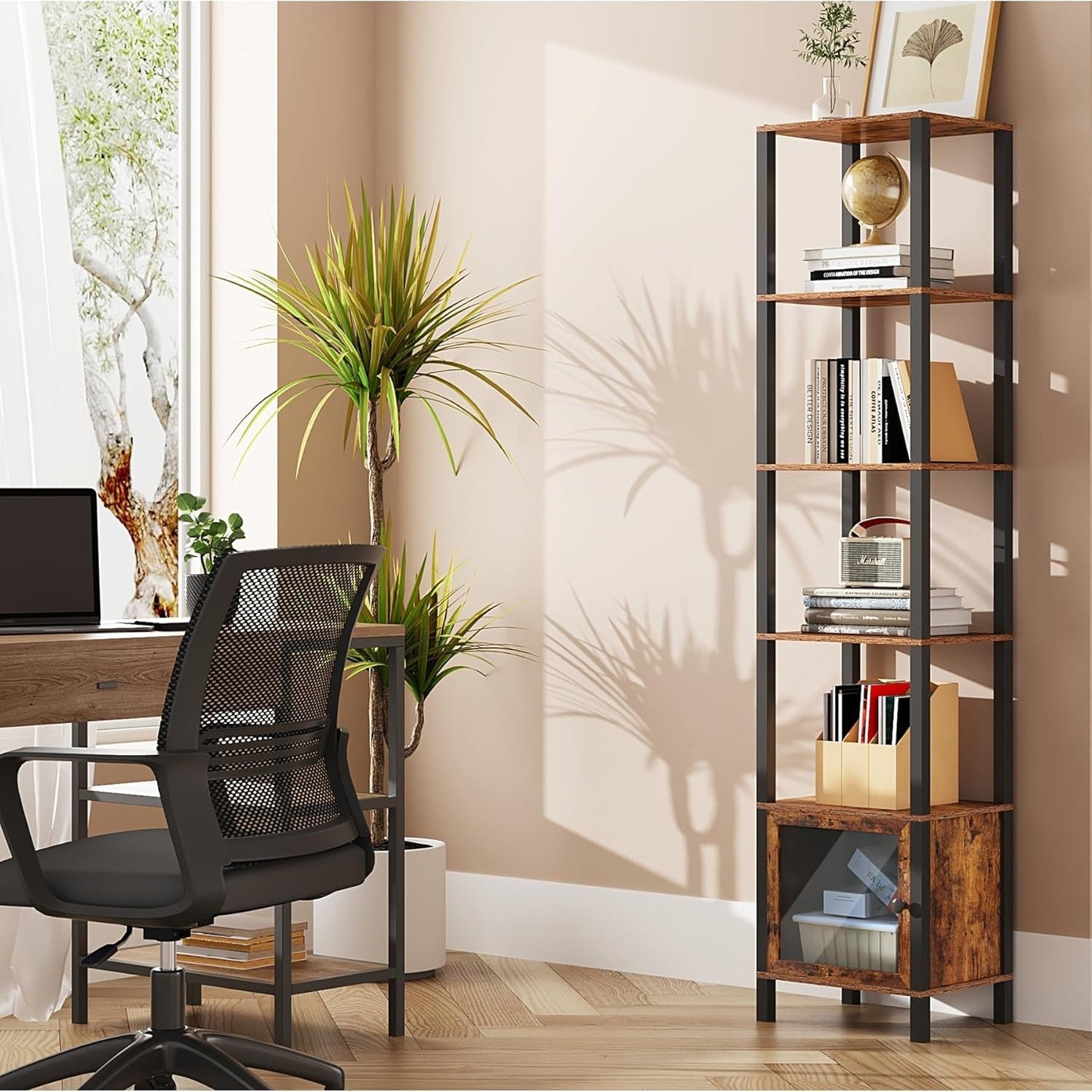 6 Tier Narrow Book Shelf With Door Brown For Small Spaces ShipItFurniture
