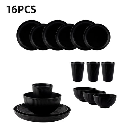 16Pcs Wheat Straw Tablewar Sets Bowl Saucers Plate Sets Portable Picnic Cutlery Knife Fork Black Dinnerware Camping Dishes Full Get it from Bo