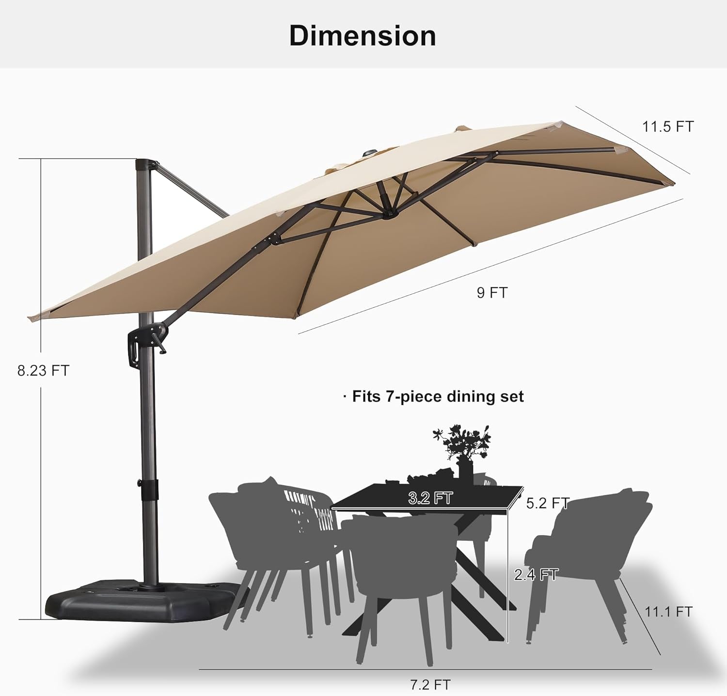 9' X 11.5' Patio Umbrella Outdoor Cantilever Rectangle Umbrella Aluminum Offset Umbrella with 360-Degree Rotation for Garden Deck Pool Patio, Beige ShipItFurniture