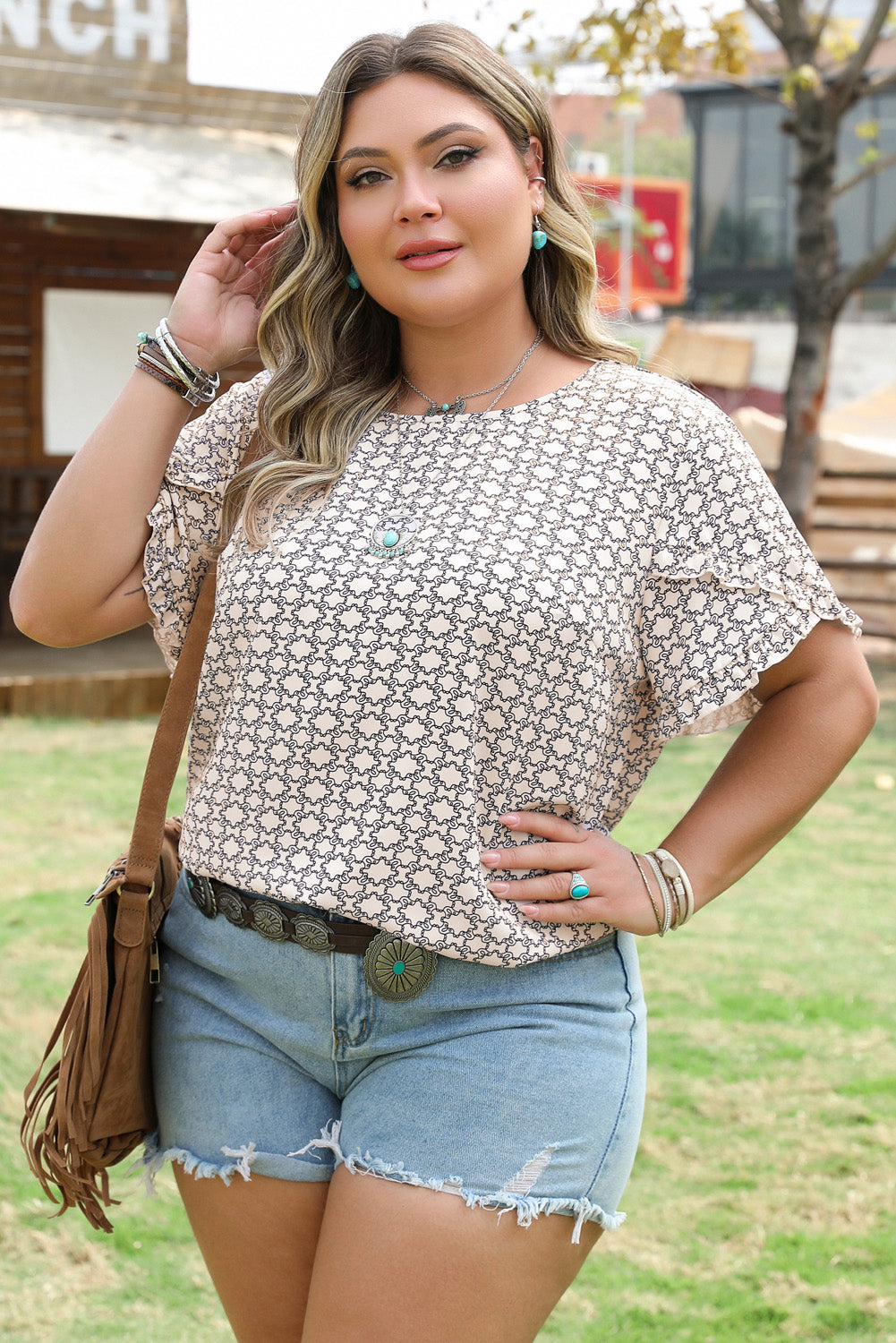 Faith Plus Size Geometric Ruffled Sleeve Blouse