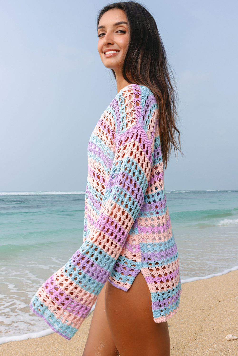 Della Open Knit Sweater Beach Cover Up Threaded Pear